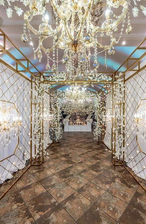 A room with many lights and chandeliers